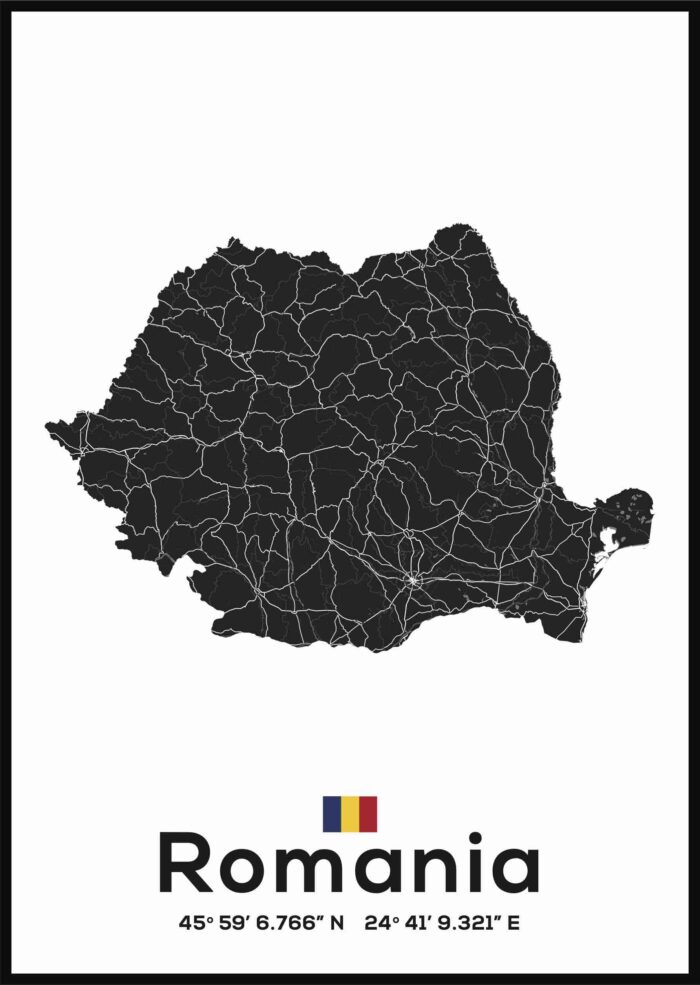 Poster harta Romania alb negru