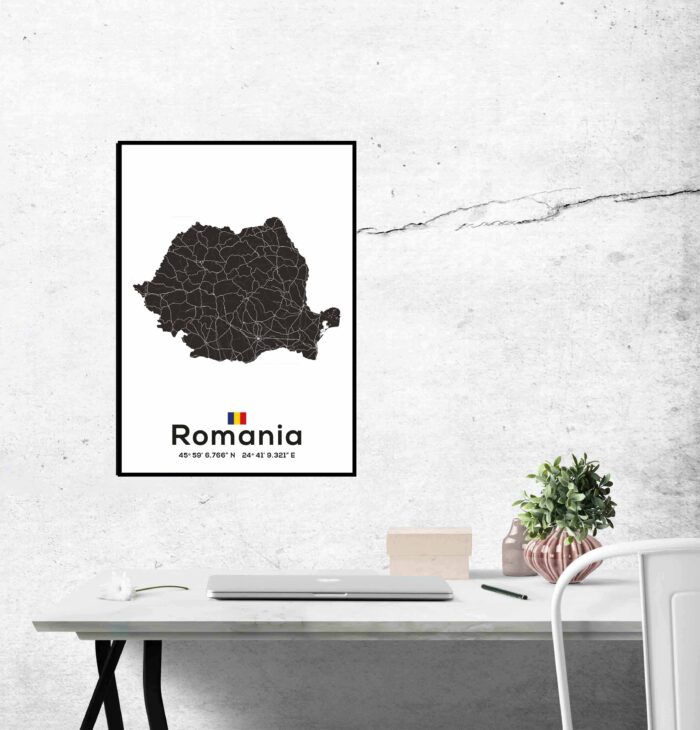 Poster harta Romania alb negru